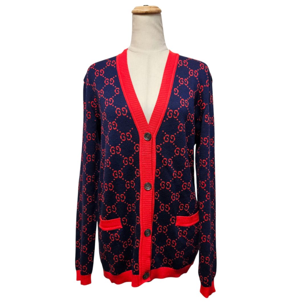 Gucci Navy and Red Button-Up Guccissima Cardigan, Size Small