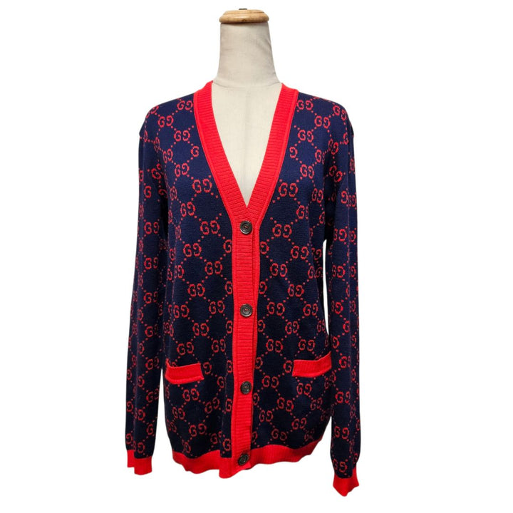 Gucci Navy and Red Button-Up Guccissima Cardigan, Size Small