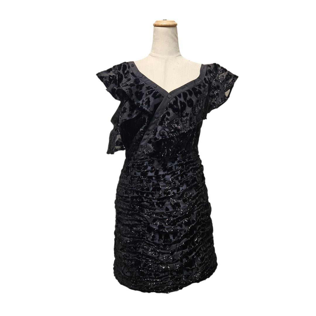 Self Portrait Black Off-Shoulder Leopard Design Dress UK10 - BOPF