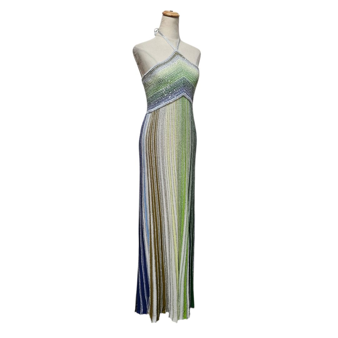 missoni evening dresses Missoni Multicolor Metallic Sequin Embellished Striped Maxi Halter Nec - BOPF
