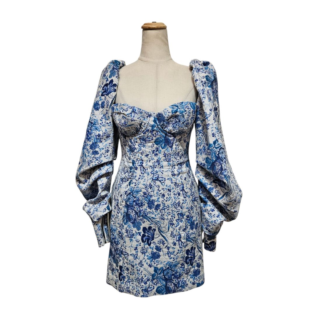 House of Cb Blue Floral Print Mini Bustier Brocade Dress