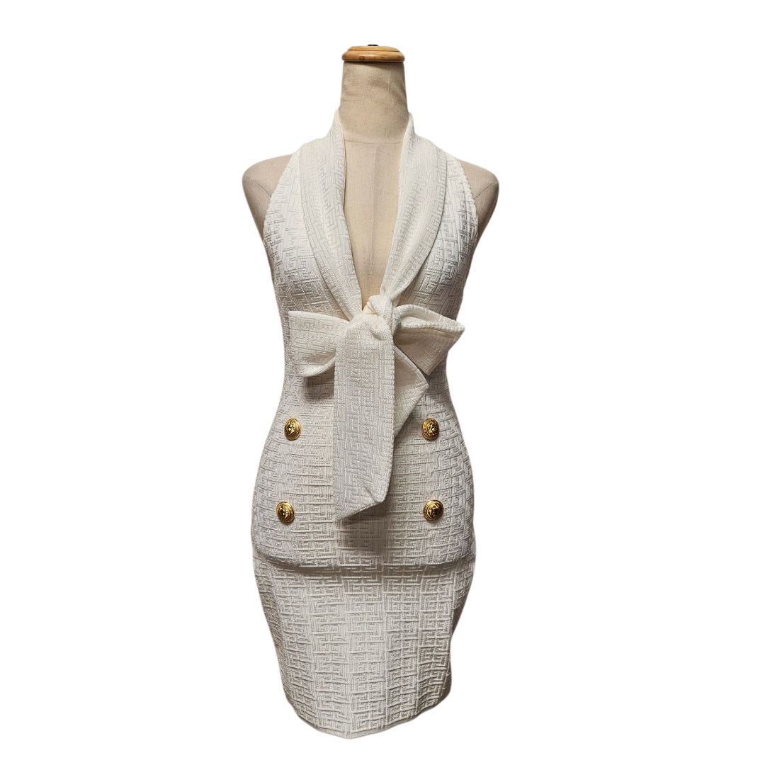 Balmain White Jacquard Monogram Shawl-Collar Mini Dress