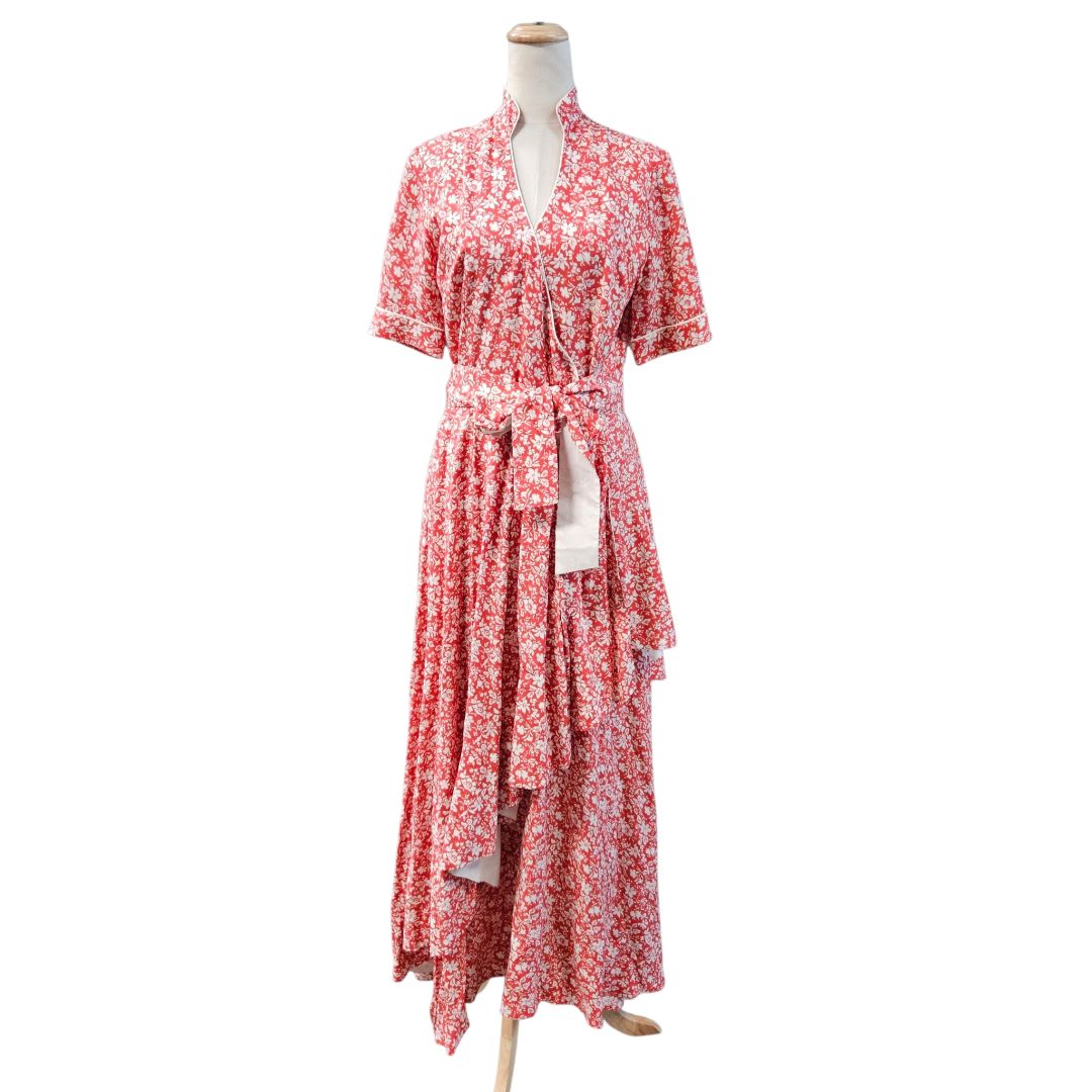 Loretta Caponi Red Belted With White Floral Print Ruffle Dress