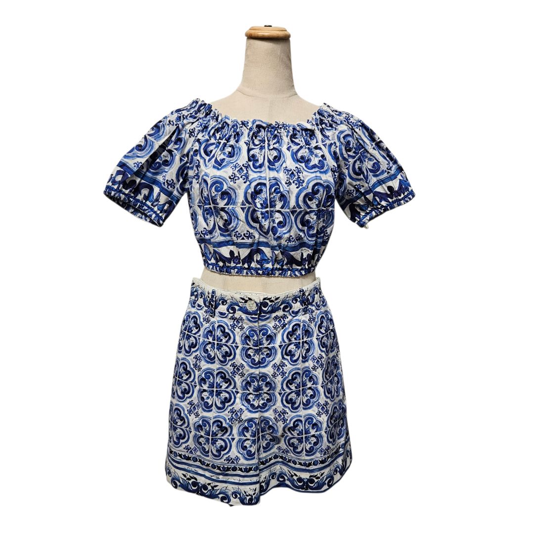 Dolce & Gabbana Blue Majolica Print Crop Top and Shorts Set