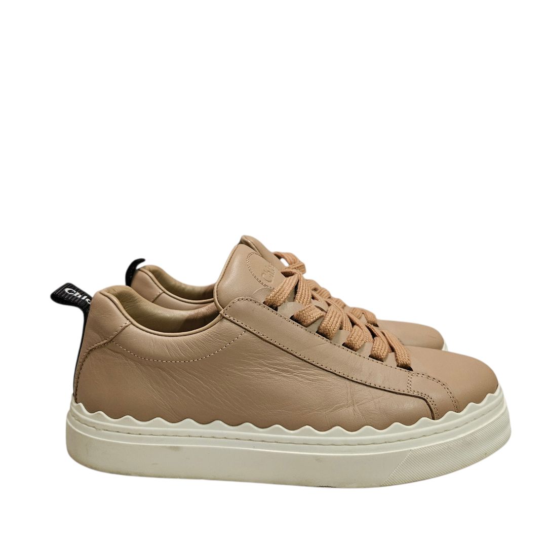 Chloé Lauren Beige Leather With Scalloped Sole Sneaker,  Size 38
