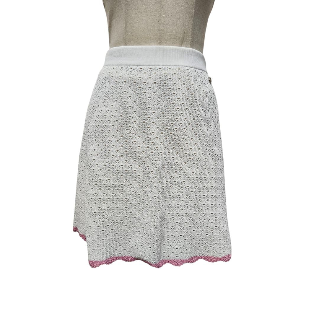 Chanel Cream Knit Mini Crochet With Pink Trim Skirt, Size FR36