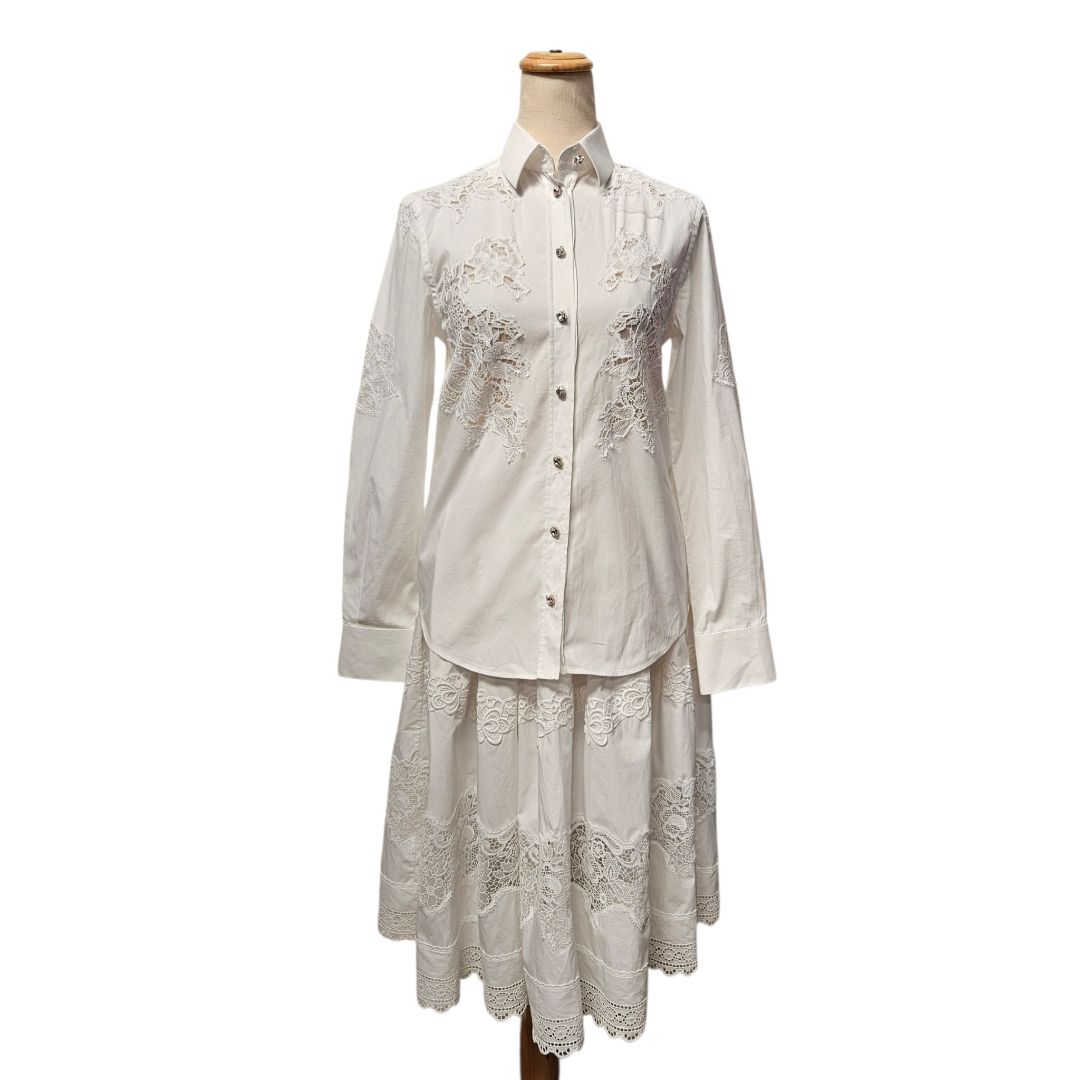 Dolce & Gabbana White Lace Trim Long Sleeve Shirt and Midi Skirt Set Size 36