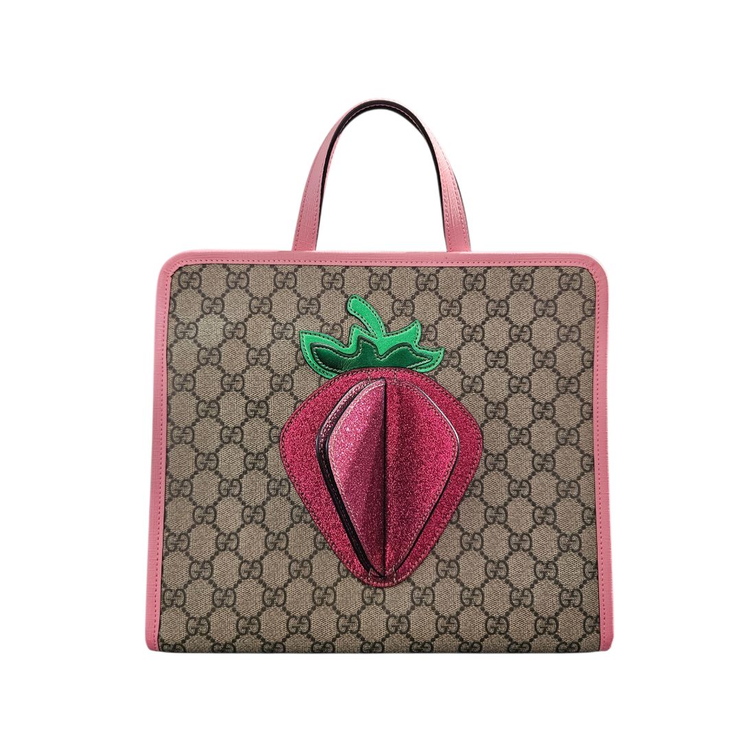 Gucci GG Supreme 3D Strawberry Kids Tote Bag Beige Pink PVC