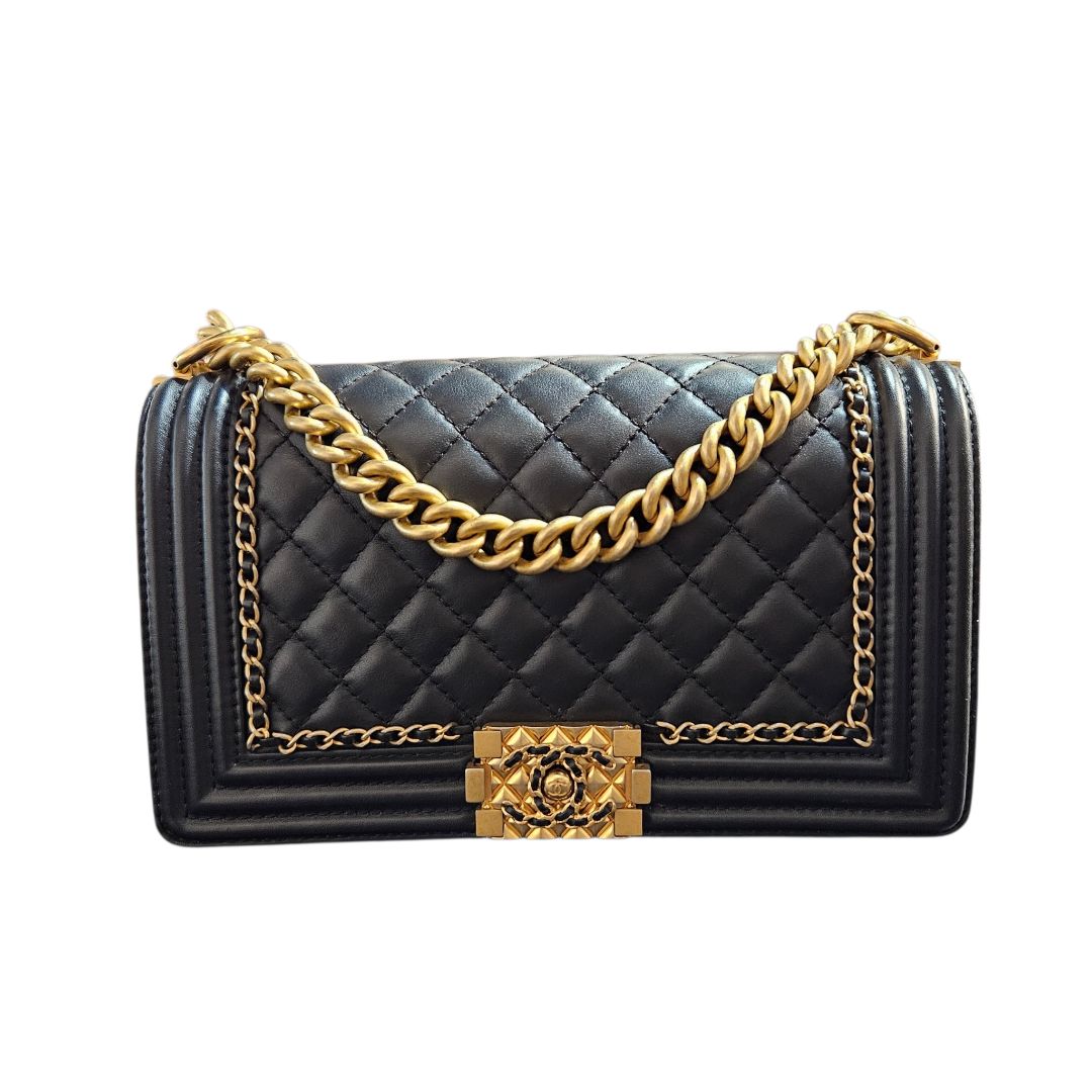 Chanel Medium Black Quilted Leather Gold Hardware Jacket Le Boy Bag