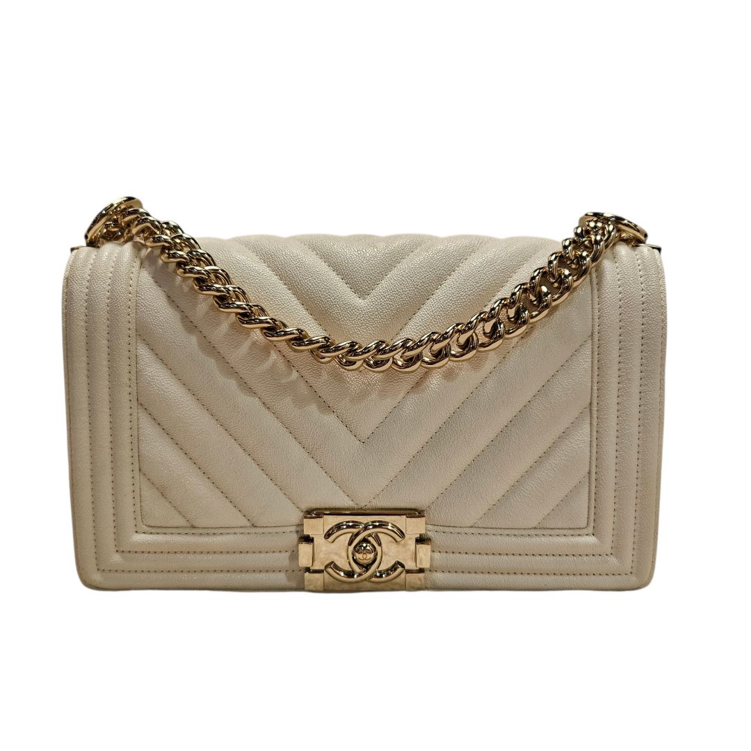 Chanel Medium White Caviar Leather Chevron Stitch Light Gold Hardware Le Boy Bag