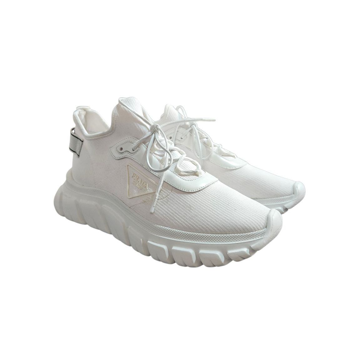 Prada White Knit Fabric Triangle Logo Men's Sneaker, Size 8