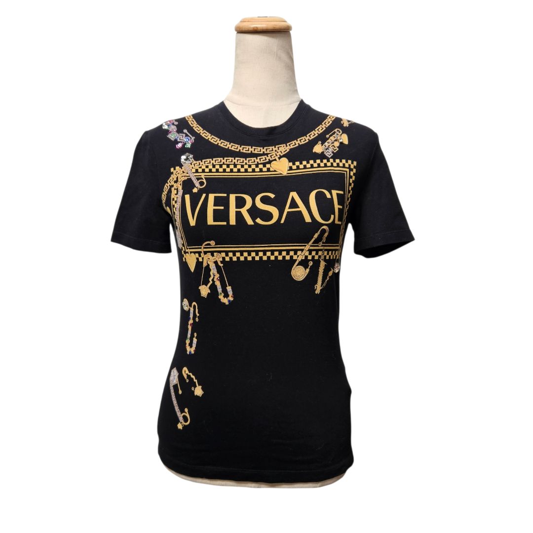 Versace Black Printed Logo Crystal Embellished T-Shirt
