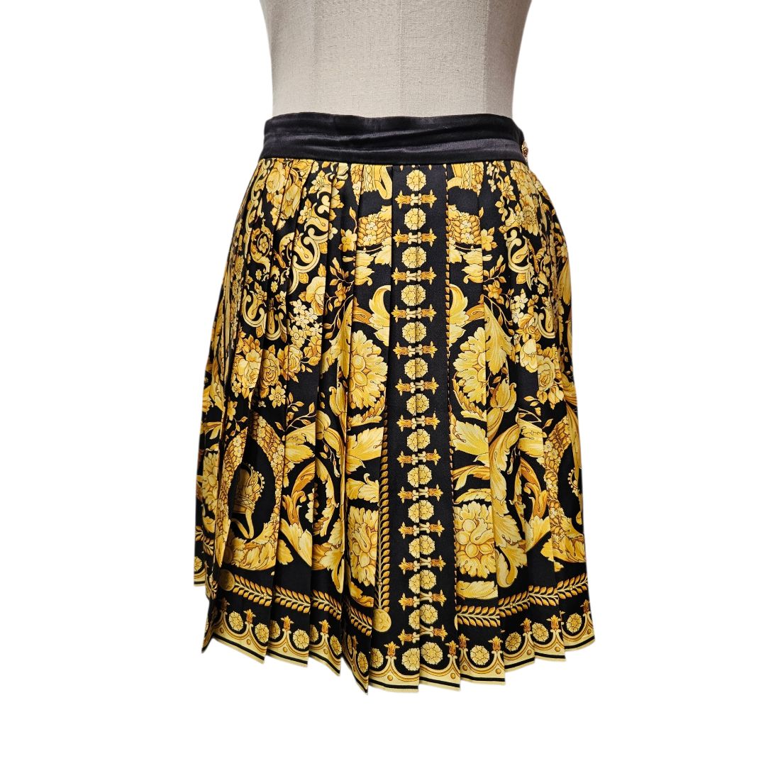 Versace Black and Gold Baroque Printed Silk Pleated Mini Skirt