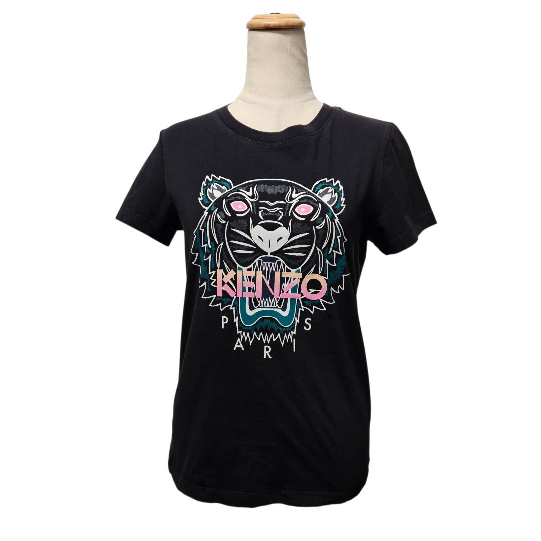 Kenzo Black With  Multicolor Tiger Print Crew Neck T-Shirt