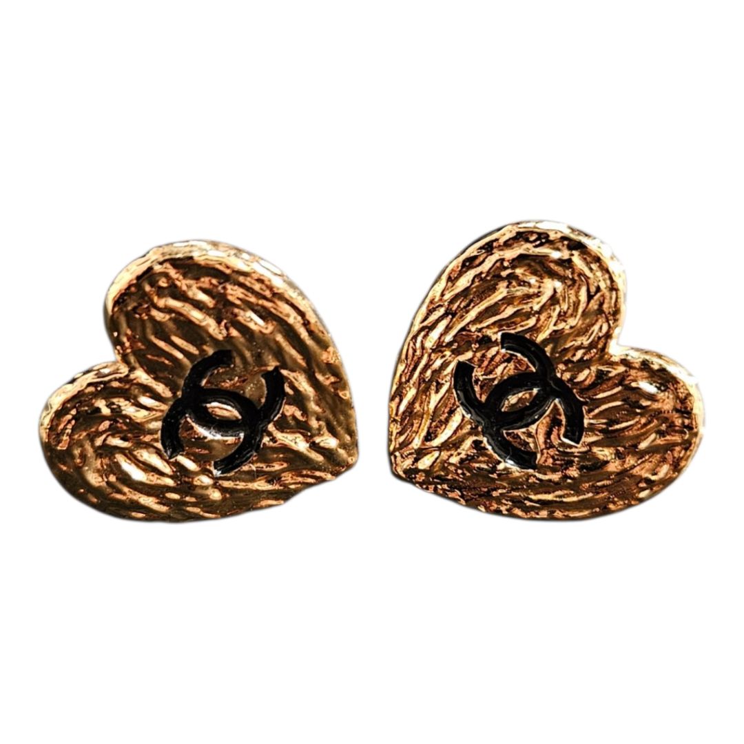 Chanel 24P Heart CC Logo Gold-Tone Metal Black Stud Earrings