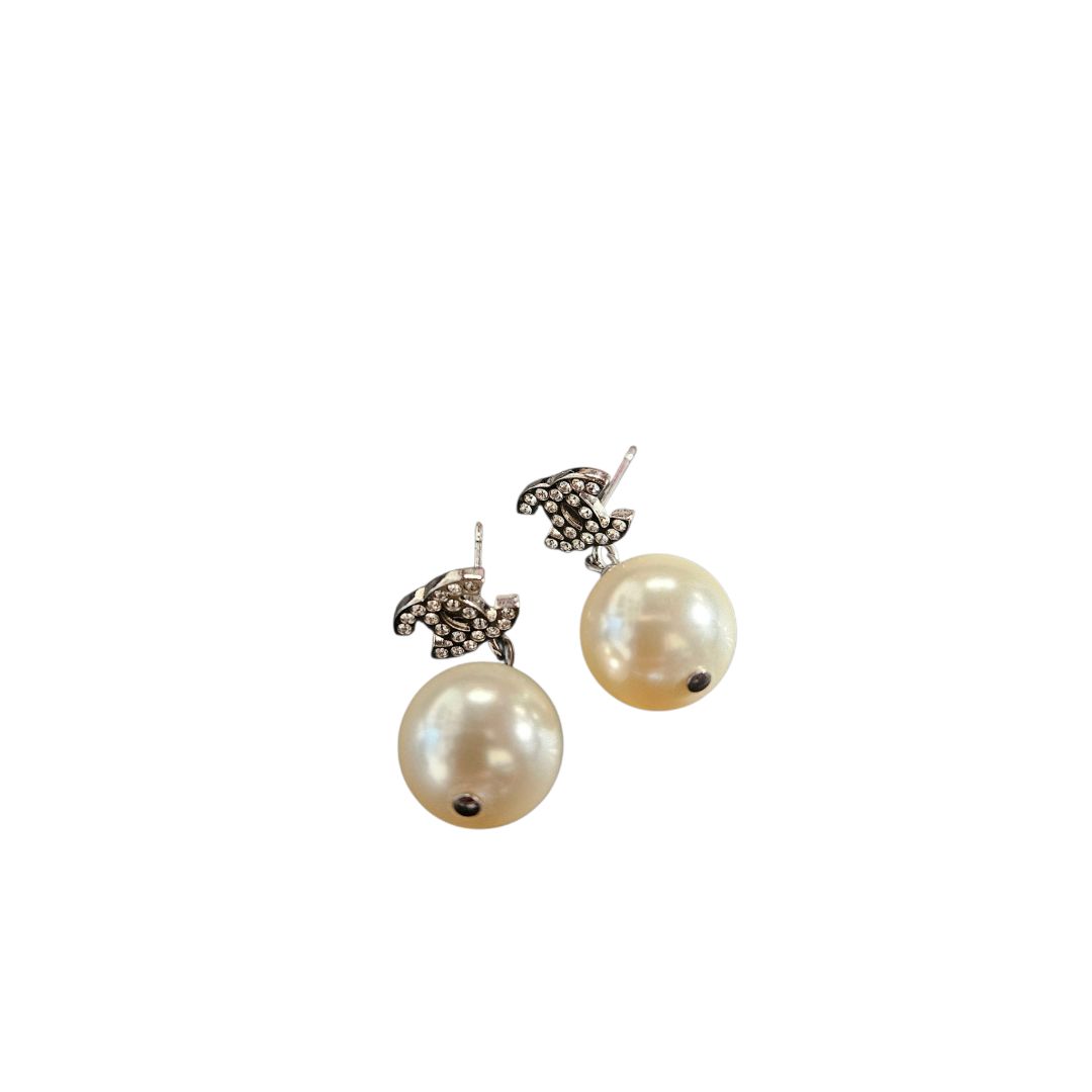Chanel CC Crystal Pearl Silver-Tone Drop Earrings