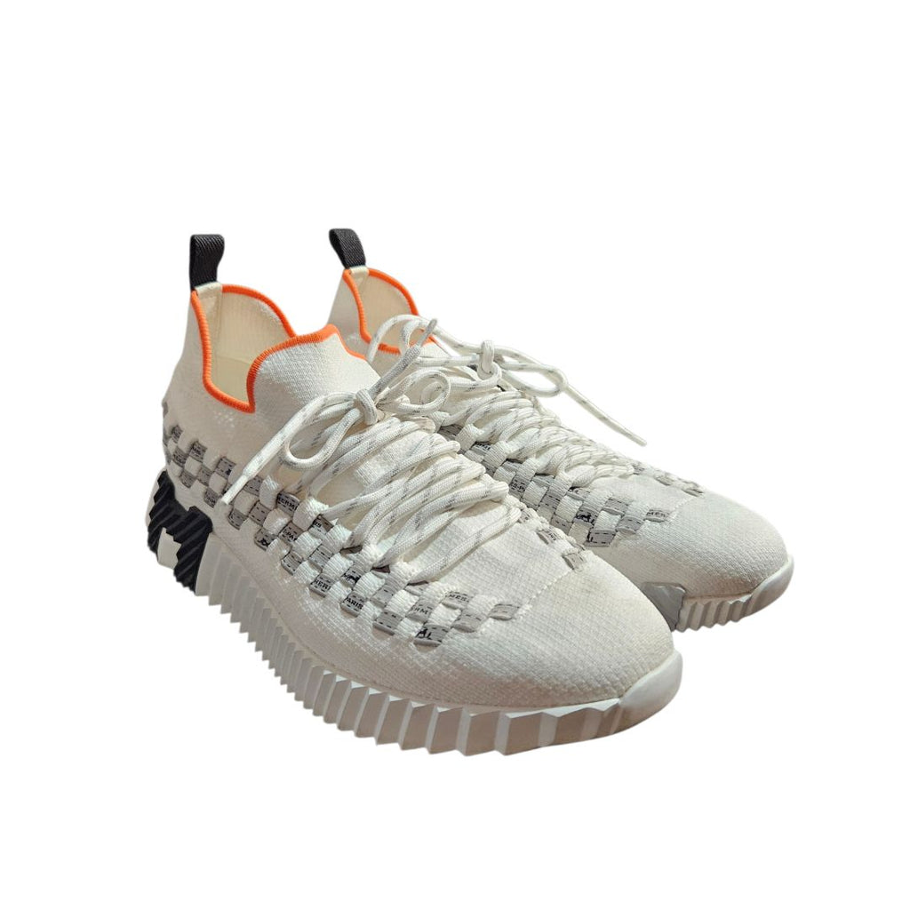 Hermès Flex White Knit Braided Bolduc Ribbon Orange Collar Sneaker