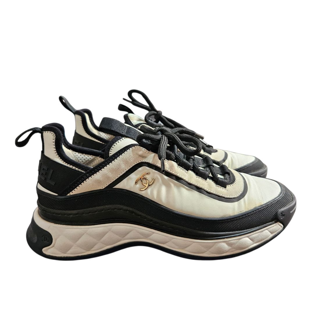 Chanel White and Black Suede and Nylon Gold CC Logo Low-Top Sneaker, Size 39.5