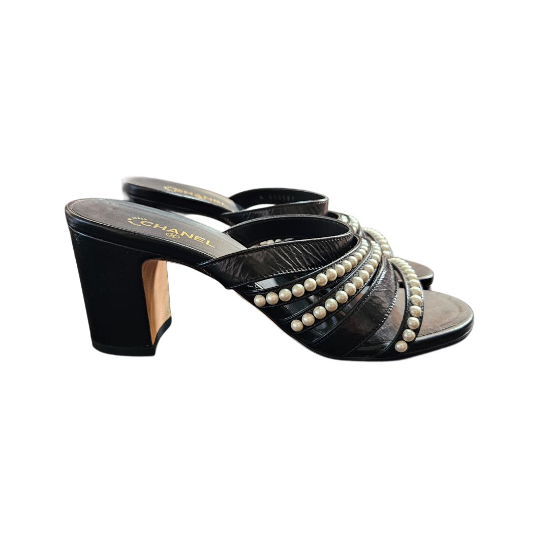 Chanel Black Leather and Embellished Pearl Strappy Block Heel Mules Sandals, Size 37C