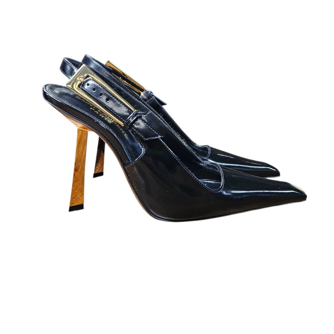 Saint Laurent Lee 75 Patent Leather Slingback Black Pumps, Size 36