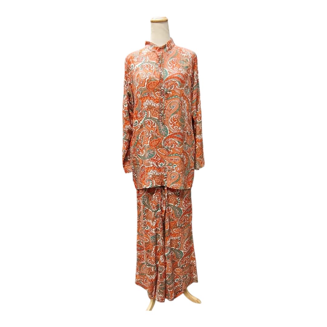 Poccaa Orange and Green Multicolour Paisley Print Blouse and Elasticated Waist Trouser Set