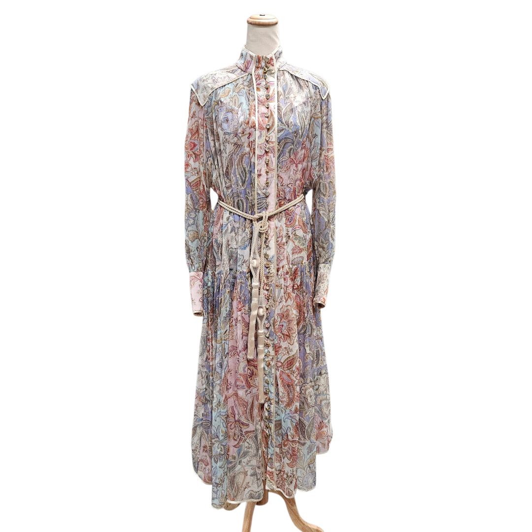 Zimmermann Printed Multicolor Silk Lucky Bound Chiffon Belted Midi Dress, Size 2
