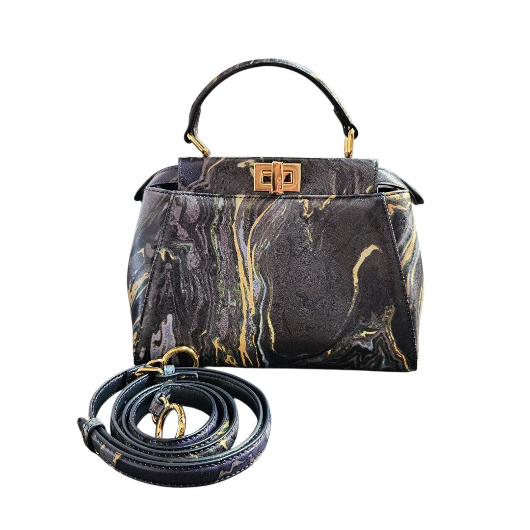 Fendi Peekaboo Marble Print Mini Multicolour Leather Top Handle Bag