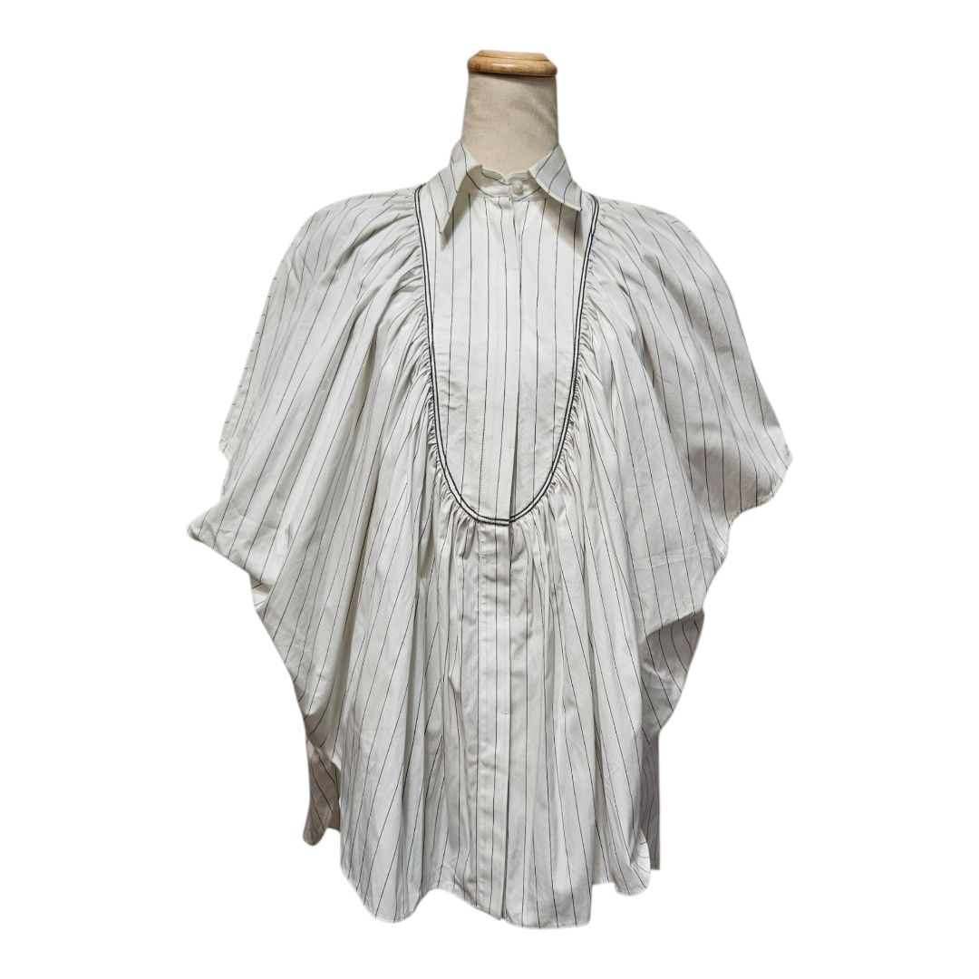 Brunello Cucinelli White & Black Striped Button-Down With Grey Beaded Pleated Bib Front Shirt