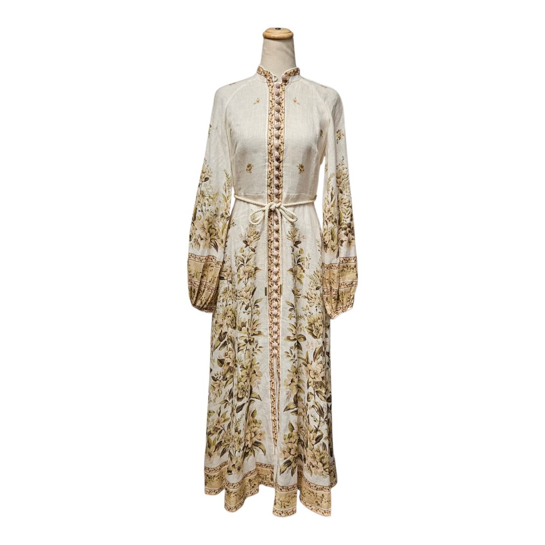 Zimmermann Golden Floral Print Linen Maxi Belted Dress, Size 1