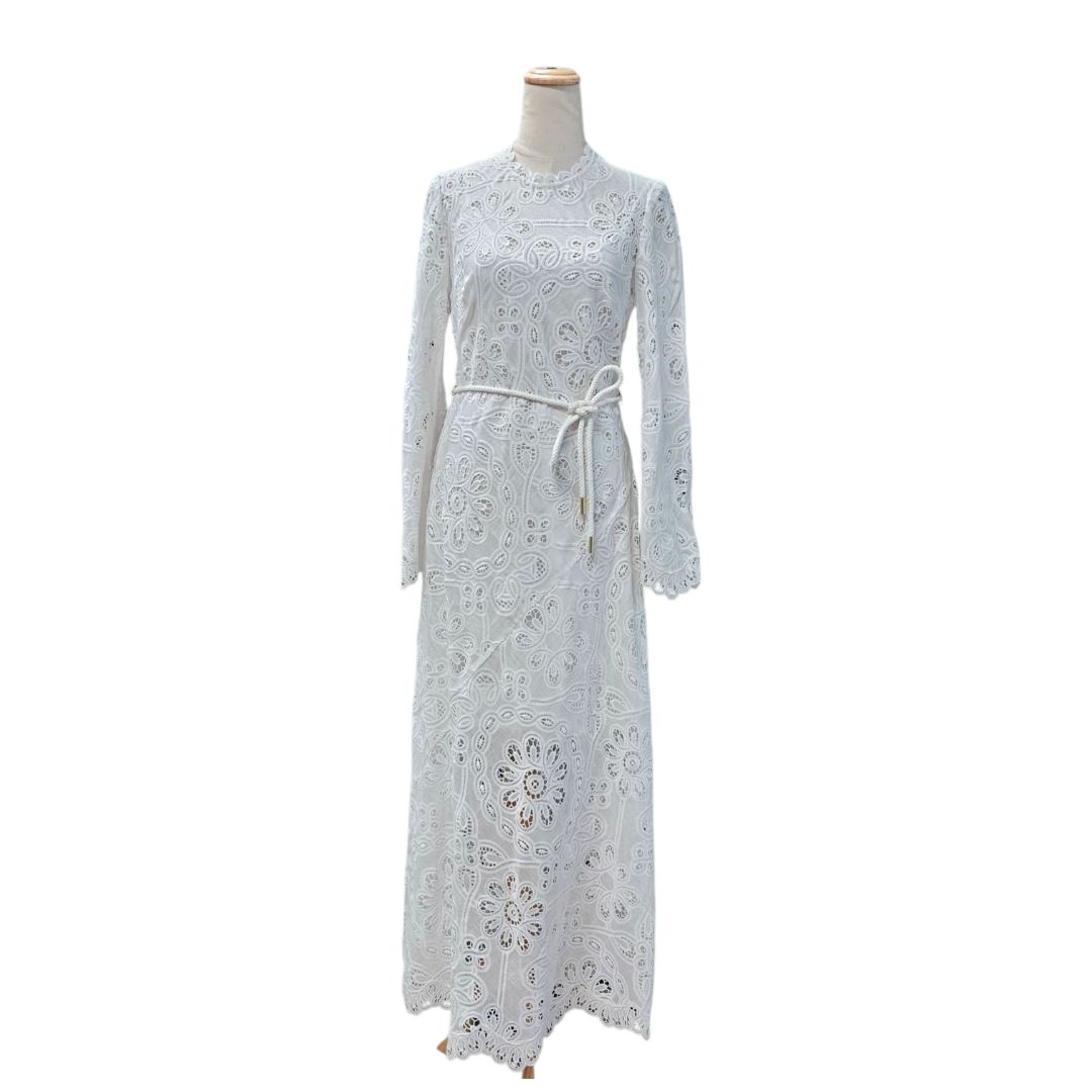 Zimmermann White Long Sleeve Embroidered With Rope Belted Maxi Dress