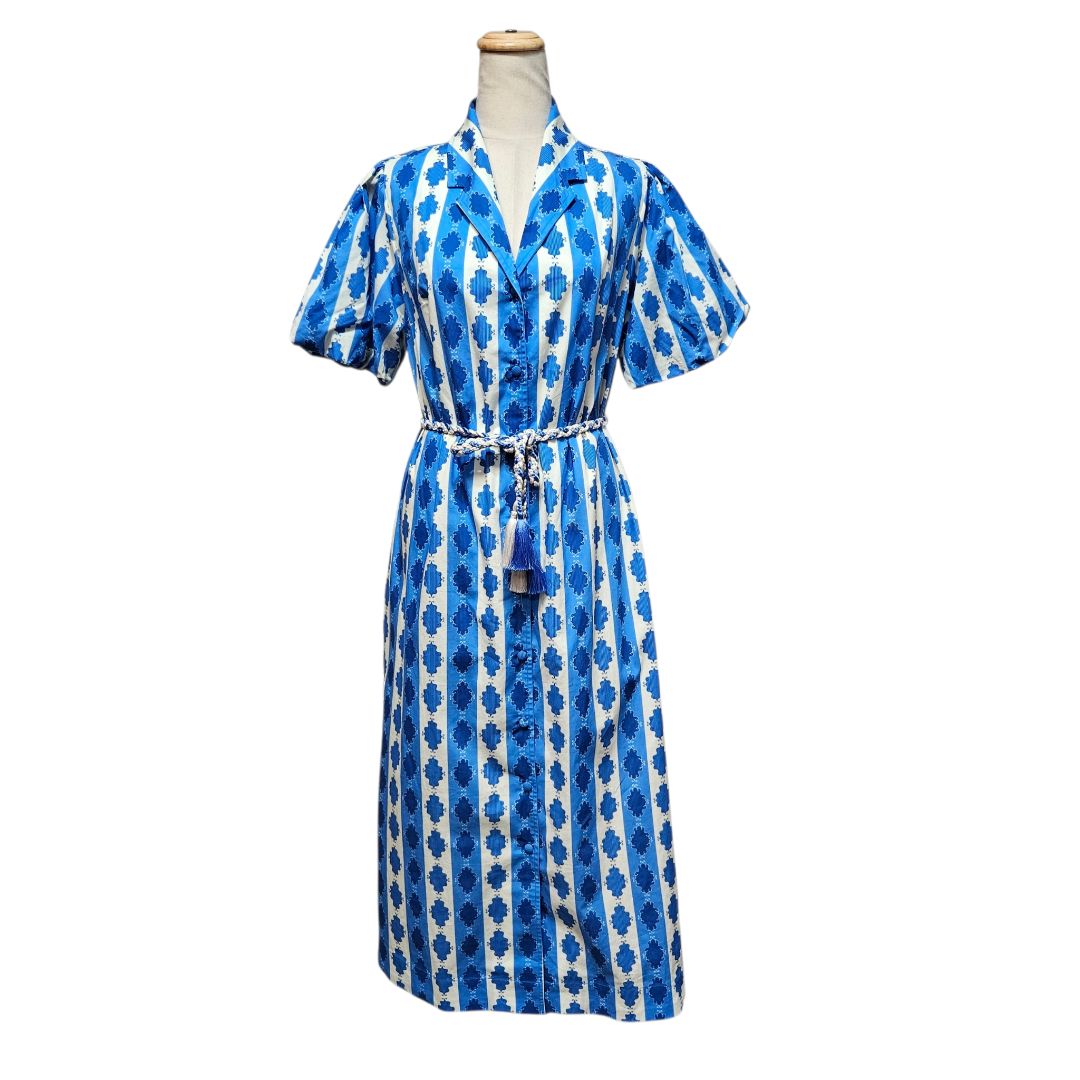 Verandah Blue & Ivory Ornate Stripe Cotton Poplin Shirt Dress