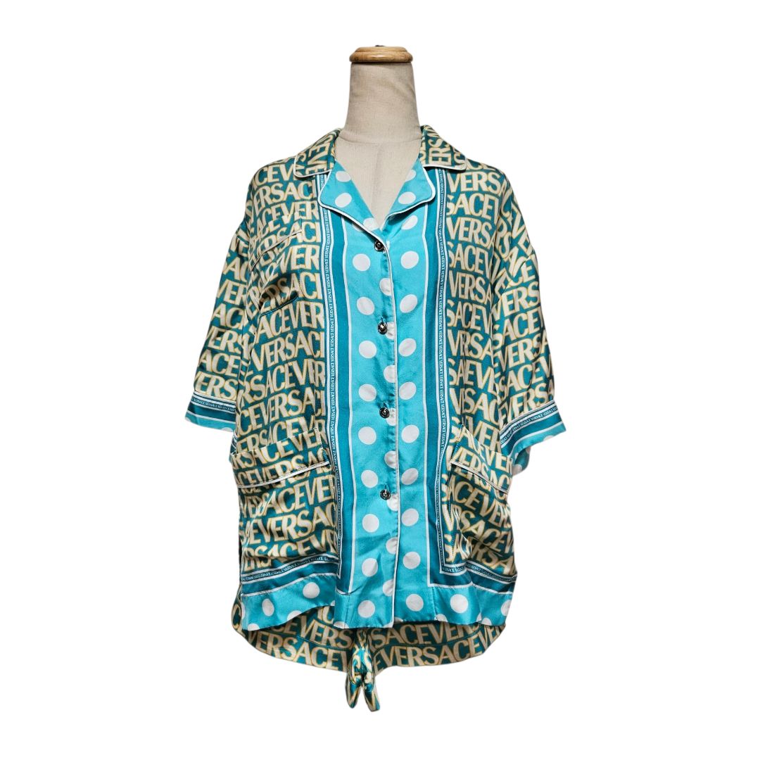 Versace Logo Allover Print Silk Shirt With Short Pajama Set