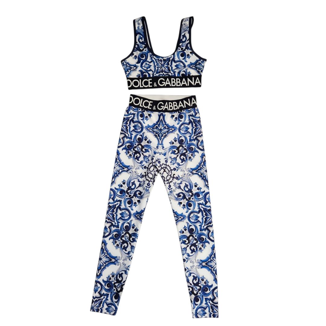 Dolce & Gabbana Blue & White Majolica Print Logo Band Crop Top & Legging Set