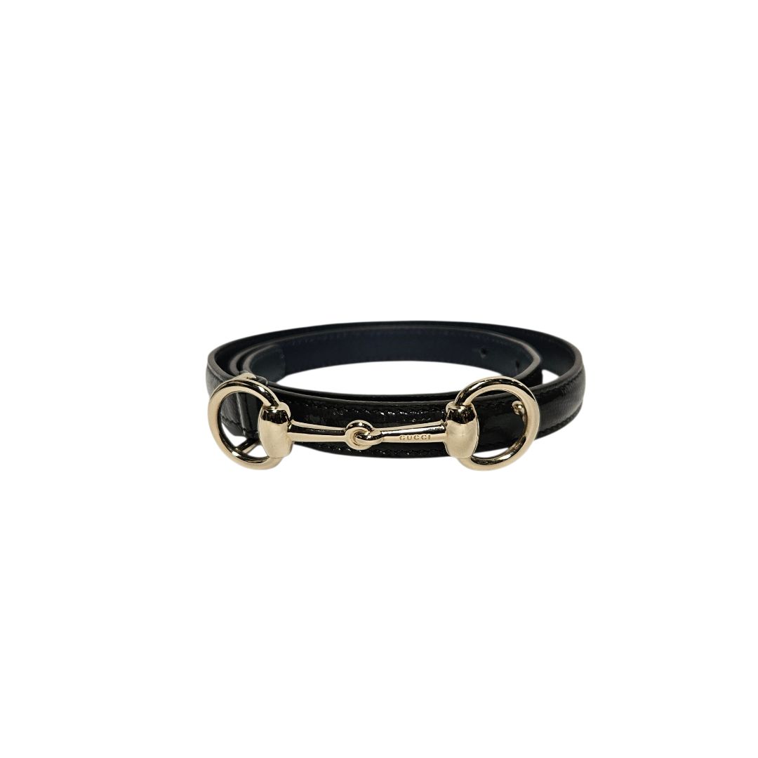 Gucci Patent Navy Thin Horsebit Belt