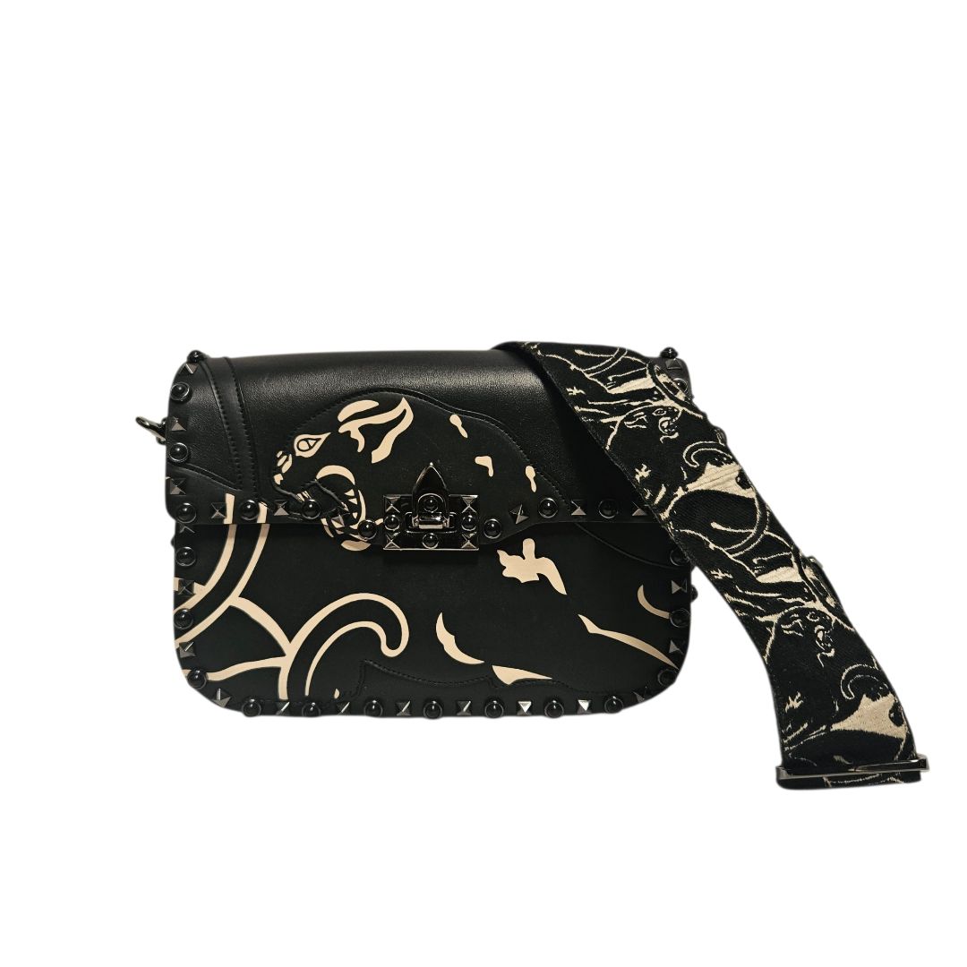 Valentino Black Leather Panther Rockstud Crossbody Bag