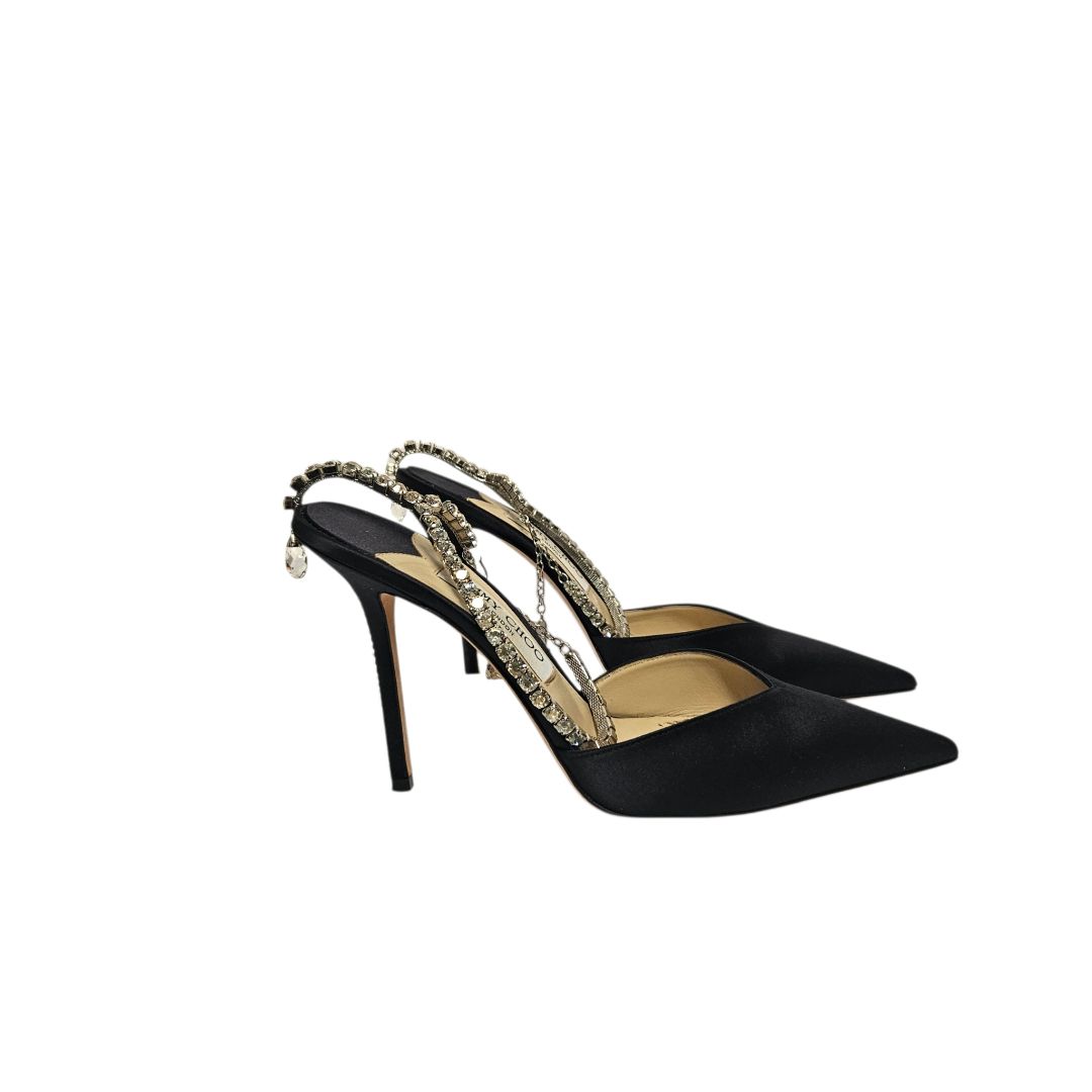 Jimmy Choo Saeda Pointed-Toe Slingback Pump 40 Black Satin Crystal Strap
