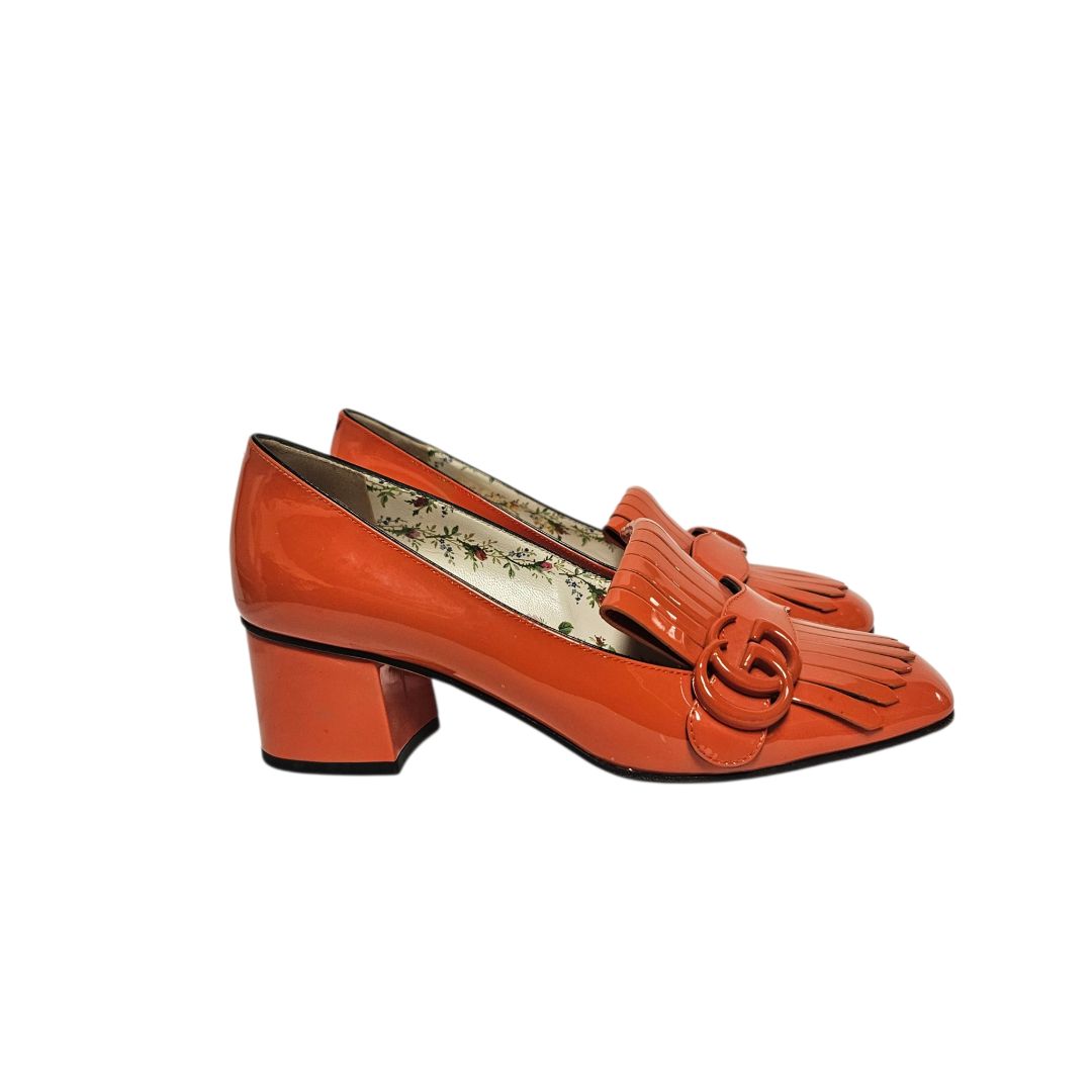 Gucci Marmont Mid-Heel Loafer Orange Patent Leather, size 38