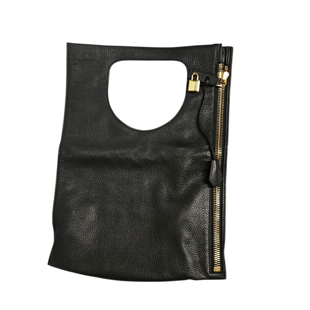 Tom Ford Alix Fold-Over Tote Black Grained Leather