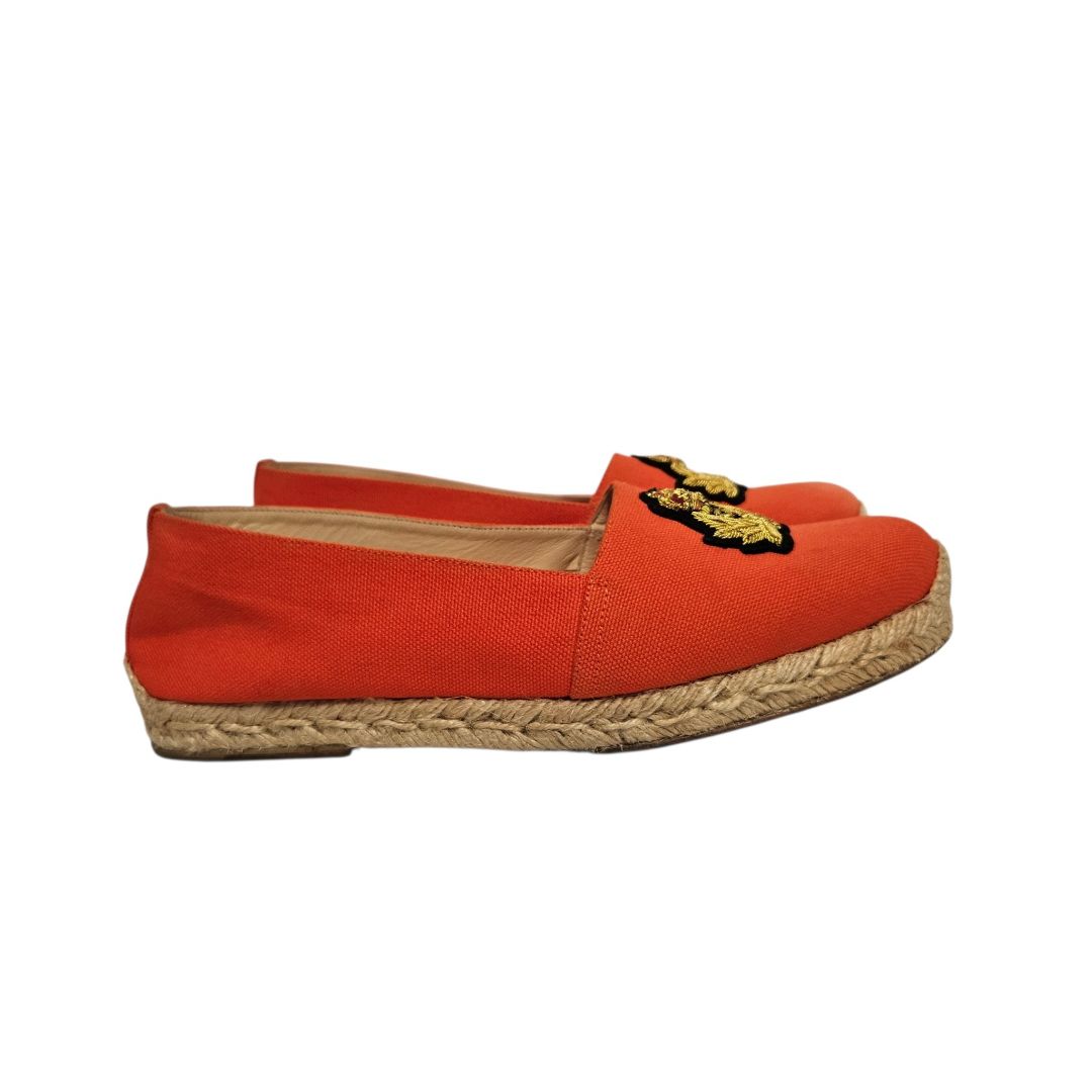 Christian Louboutin Gala Embroidered Crest Espadrilles Orange Canvas, size 38