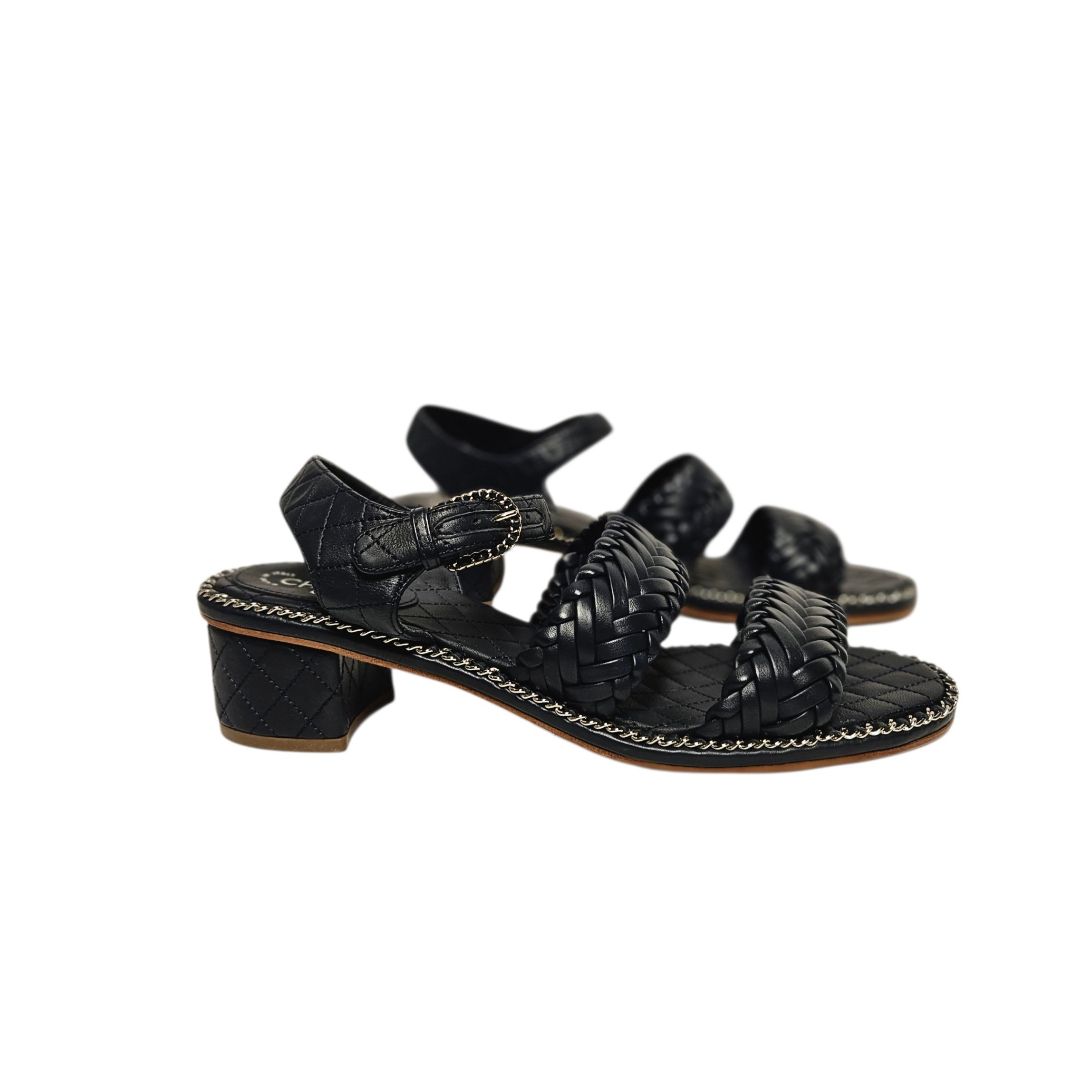 Chanel Woven Leather Fisherman Sandal Navy Blue Lambskin, size 37.5