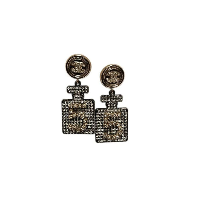 Chanel No. 5 Perfume Bottle Crystal Drop Earrings Gold and Silver Tone