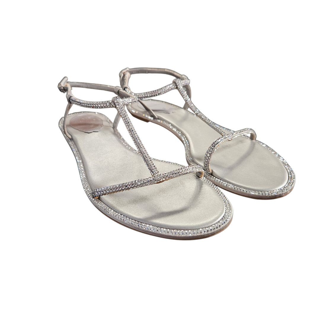 René Caovilla Diana Silver Crystal-Embellished Strappy Flat Sandals, Size 37
