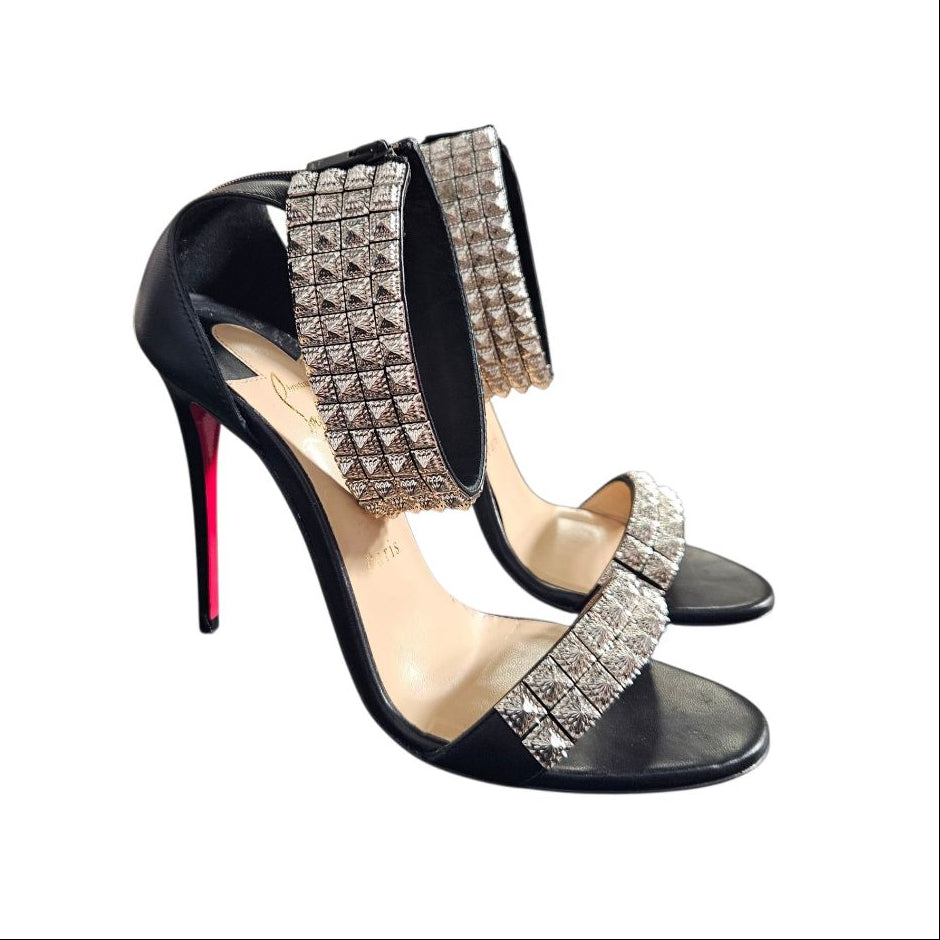 Christian Louboutin Priyadora Black Leather Crystal Sandals, Size 37