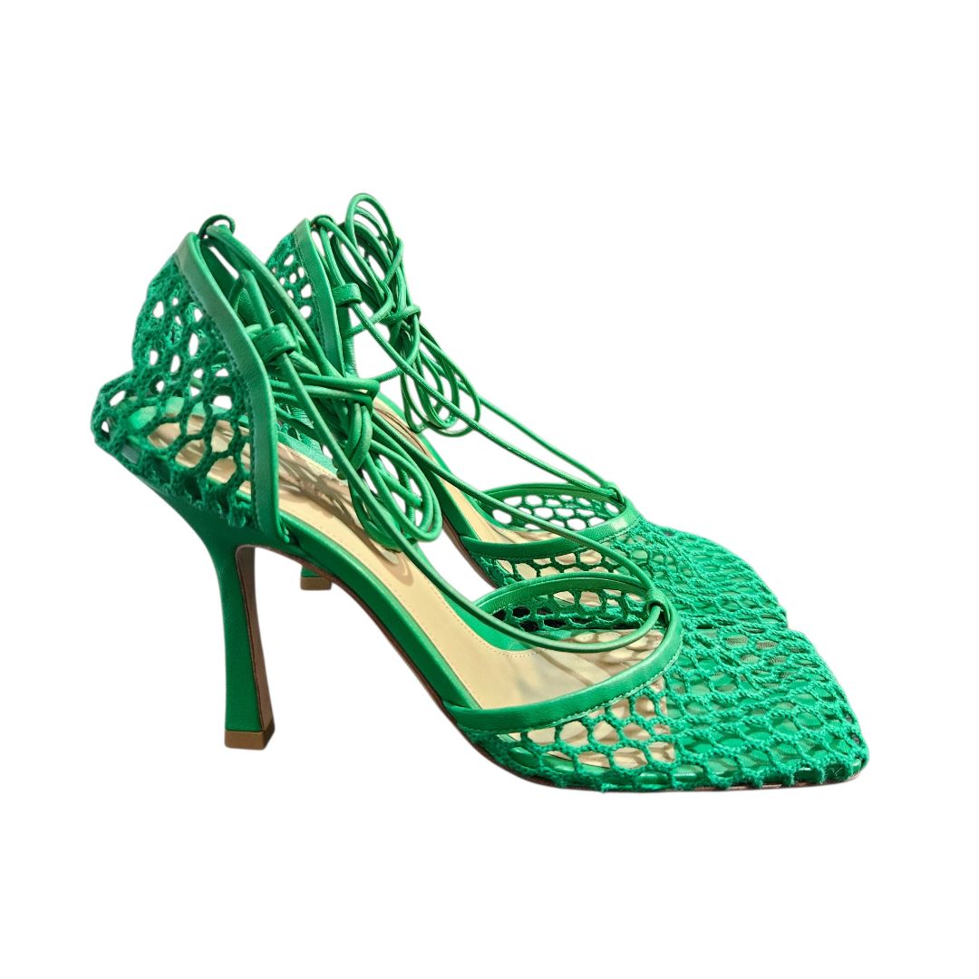 Bottega Veneta Mesh Leather Green Intrecciato Stretch Sandal, Size 36.5