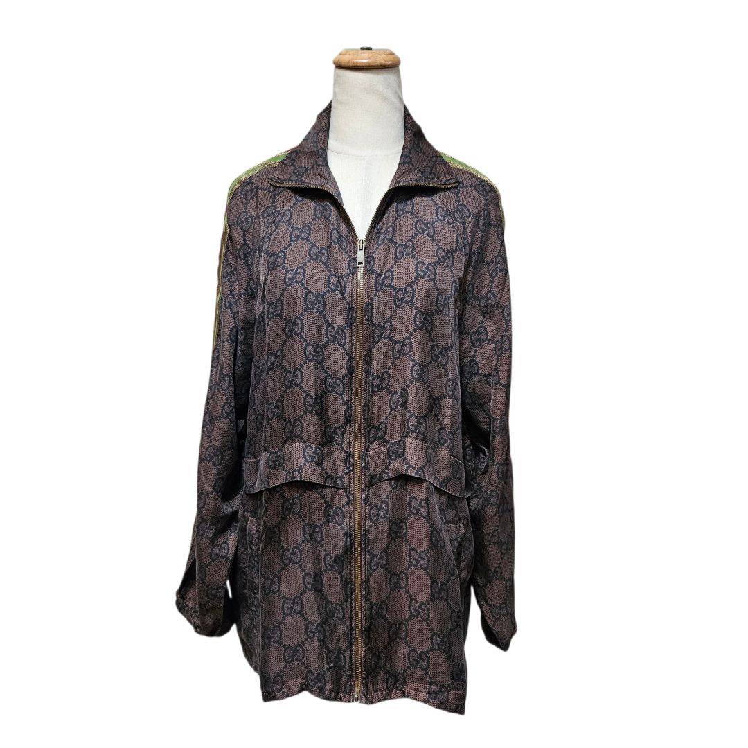 Gucci Brown Zip-Up GG Supreme Print Silk Jacket