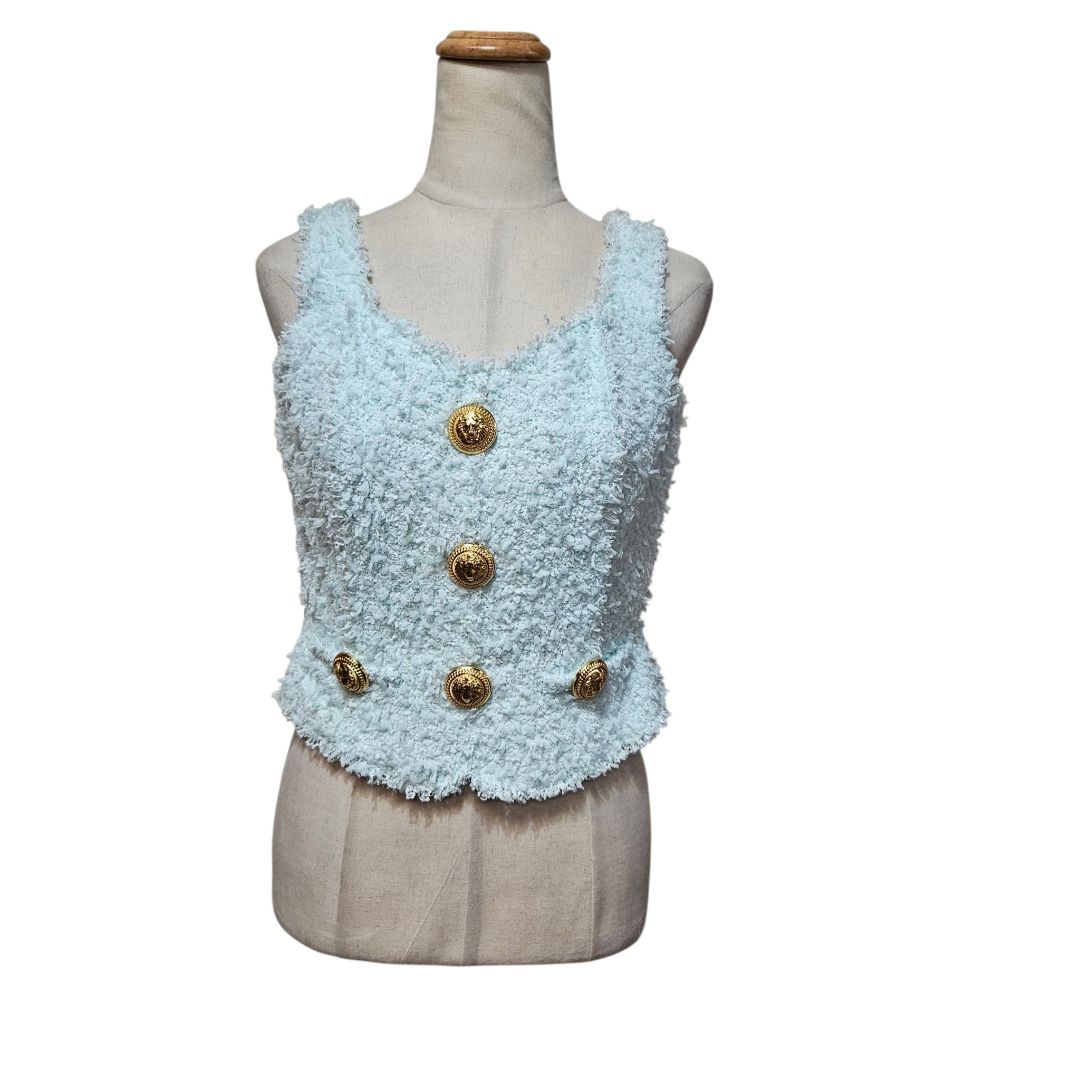 Balmain Bouclé-Tweed Sleeveless Light Green Top
