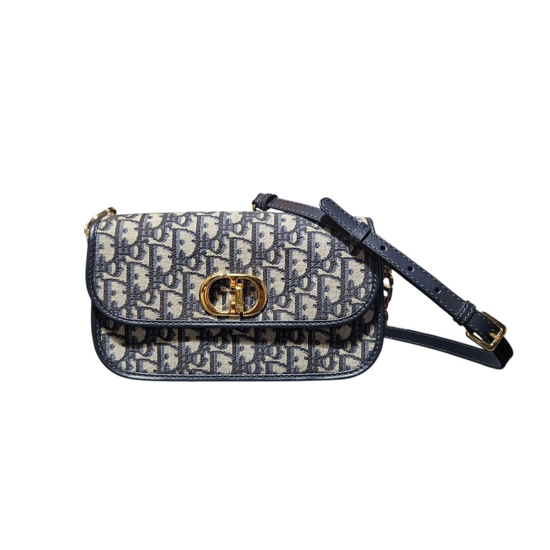 Dior 30 Montaigne Navy Oblique Jacquard Antique Gold CD Clasp Crossbody Bag
