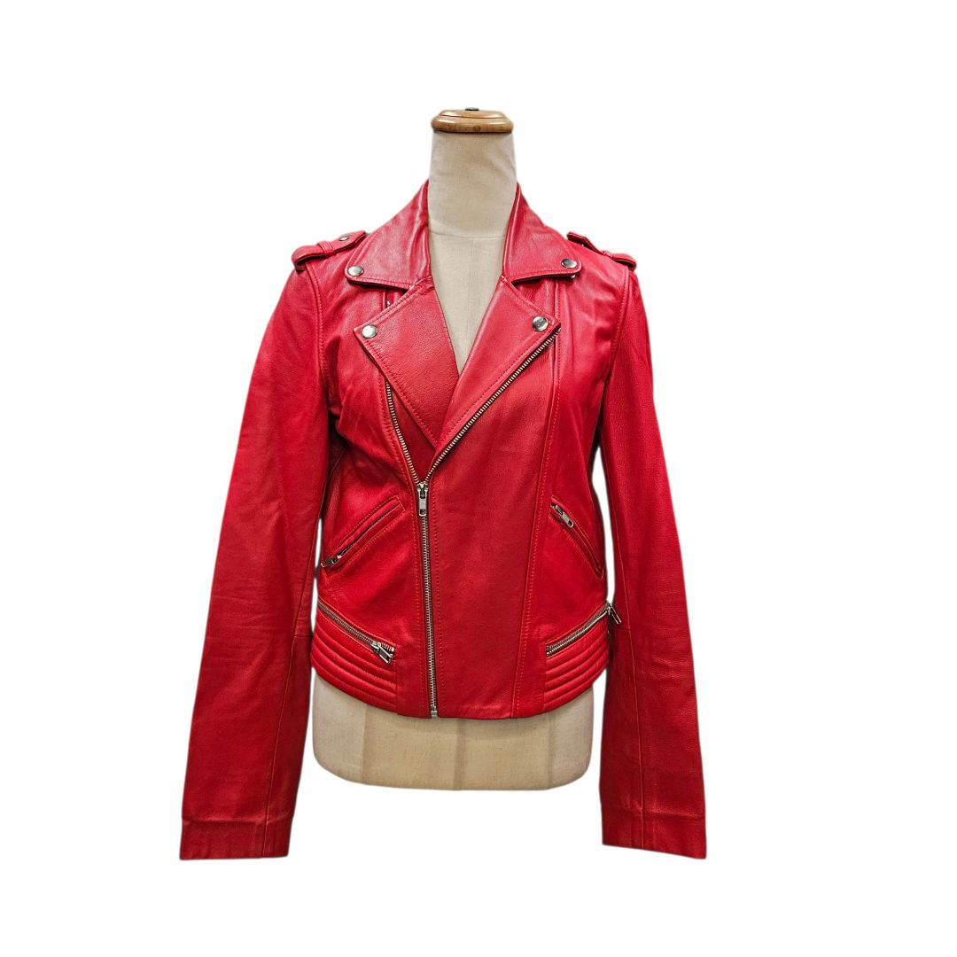 Maje Red Faux Leather Biker Jacket