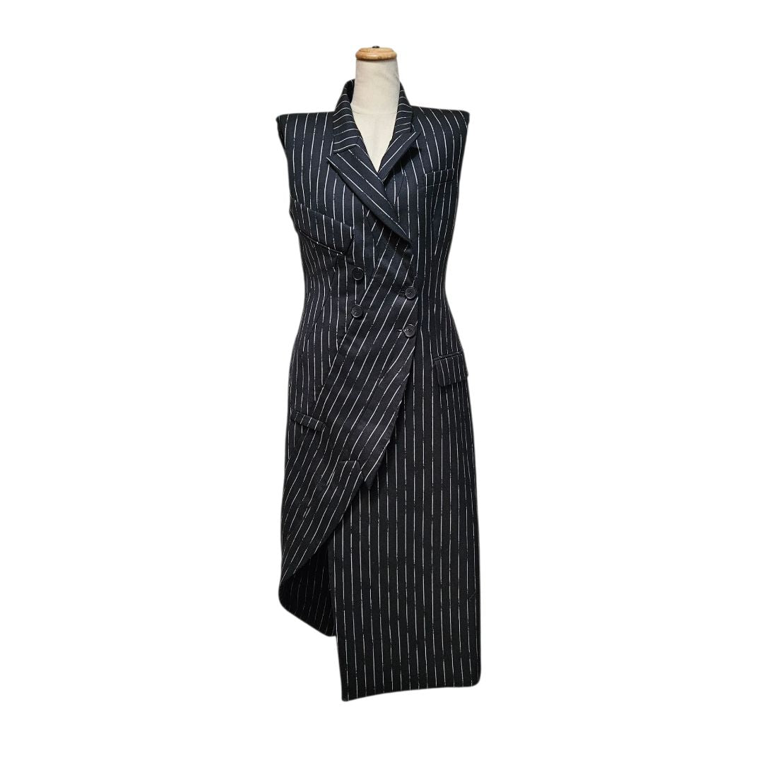 Alexander McQueen Pinstripe Sleeveless Double-Breasted Blazer Dress Navy Wool
