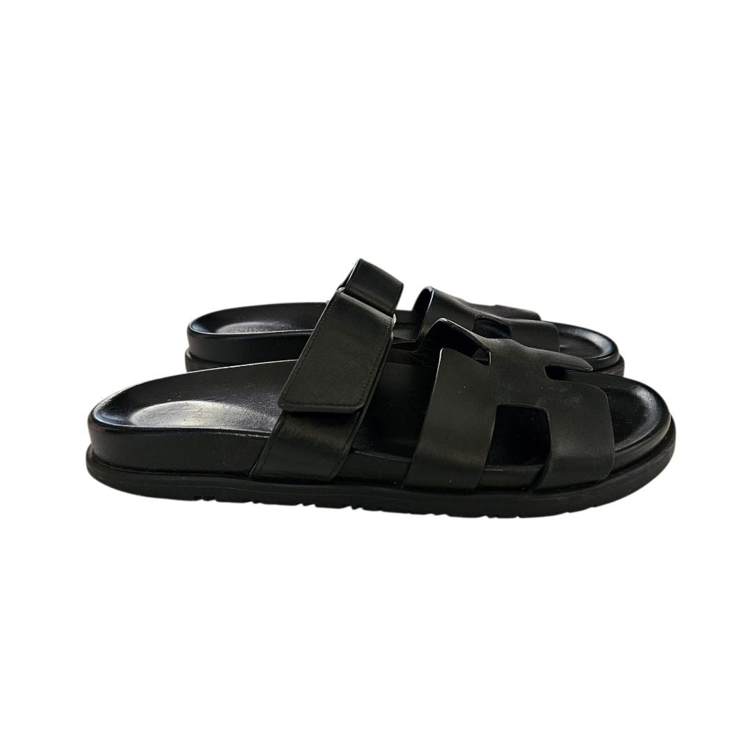 Hermes Black Leather Chypre Sandal, Size 40